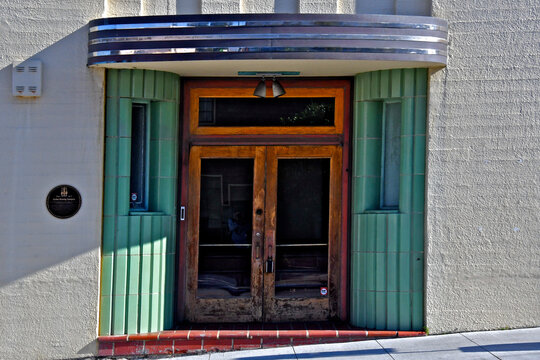 Art Deco style front entrance of closed Anchor Brewing Company, San Francisco, California 