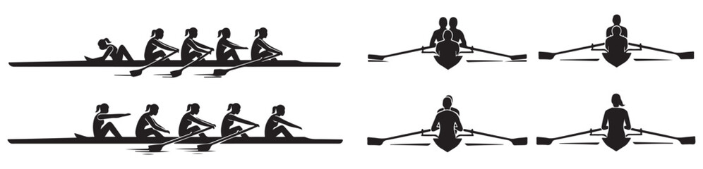 Silhouettes of rowers in a boat, demonstrating different rowing positions and team sizes for competitive racing. © Riki