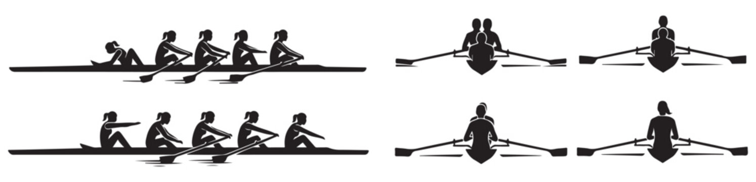 Silhouettes of rowers in a boat, demonstrating different rowing positions and team sizes for competitive racing.