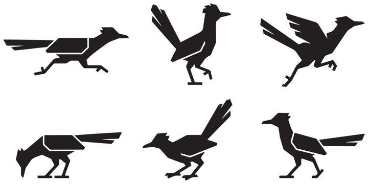 Collection of stylized black silhouettes of roadrunners in various poses, depicting motion and different actions.