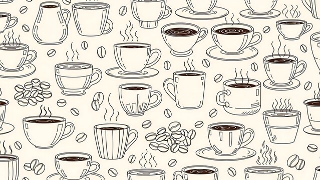 Coffee Cups and Beans Pattern Illustration.