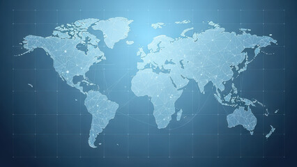 Global connections map with network lines and nodes on blue background