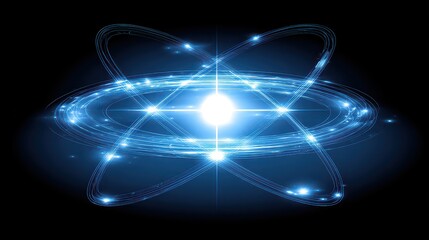 Glowing Blue Atomic Structure with Orbiting Electrons on a Dark Background