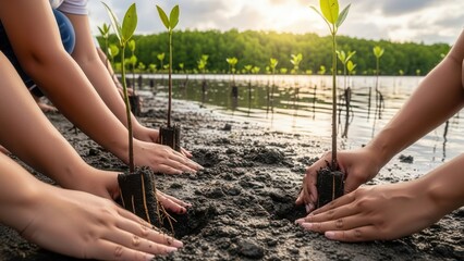 Hands planting mangrove seedlings along shoreline for coastal protection and climate resilience concept