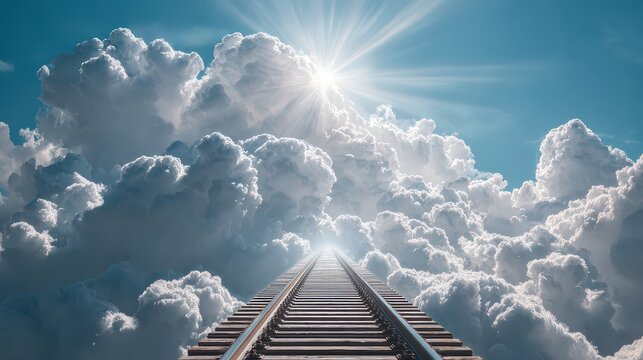 Railroad Tracks Leading to Bright Sunlight with Cumulus Clouds in Blue Sky Illusion of Heavenly Ascent Conceptual Path to Enlightenment or Success - Powered by Adobe