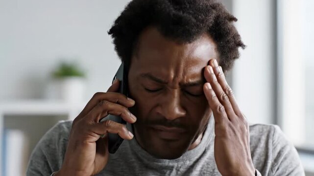 Man talking on phone with tense stressed expression during difficult situation