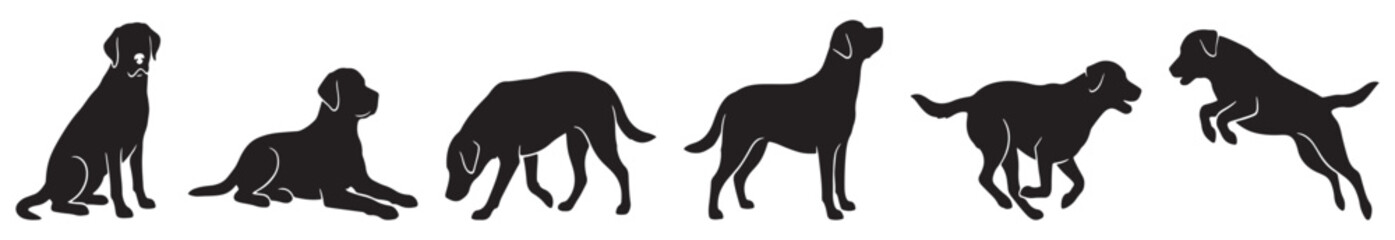 Fototapeta premium Collection of black dog silhouettes in various poses, including sitting, lying down, sniffing, standing, running, and jumping.
