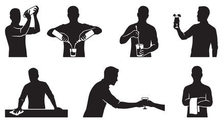 Set of silhouettes illustrating various bartending actions and techniques for preparing drinks.