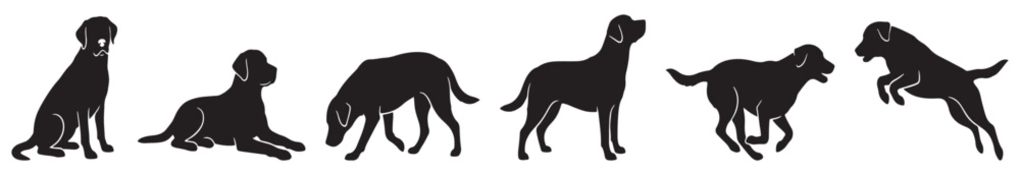 Collection of black dog silhouettes in various poses, including sitting, lying down, sniffing, standing, running, and jumping.