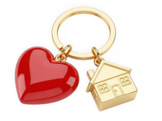 Golden keychain with red heart and house charm