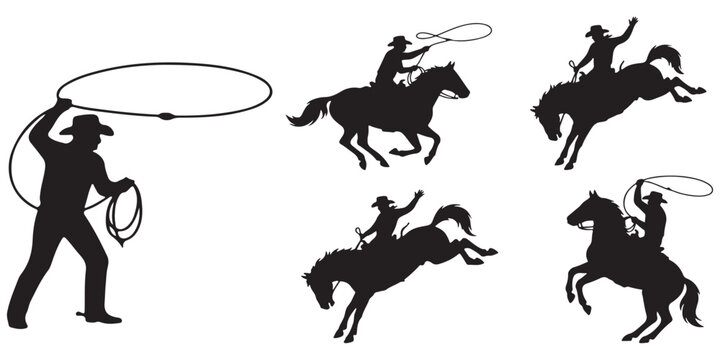 Silhouette collection of cowboys on horses, one cowboy is throwing a lasso, others are riding and roping.