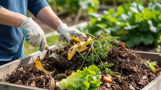 Gardener hand composting vegetable scraps for waste-to-resource and home sustainability action