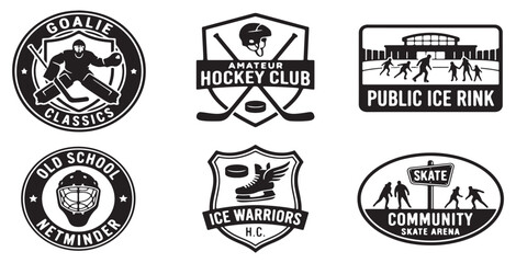 Obraz premium Collection of vintage and modern hockey club logos and emblems, including goalie masks, ice rinks, and skate community designs.