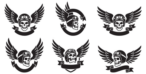 Obraz premium Set of six winged skull emblems with banners and helmets, perfect for motorcycle clubs or edgy designs.
