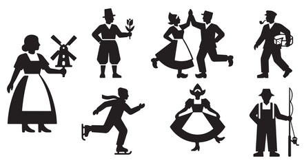Collection of Dutch cultural icons and traditional figures in silhouette, representing various activities and professions.