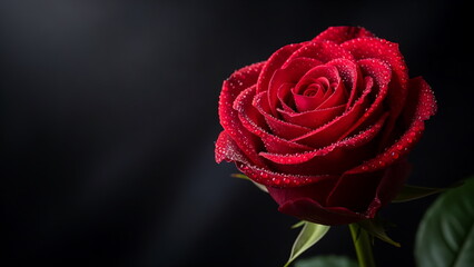 Fototapeta premium Valentine flower concept, single red rose with water drops, macro photography, dark elegant background, soft dramatic lighting, ultra sharp focus, premium stock photo, no people, no text two
