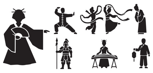 Collection of Chinese cultural icons representing traditional arts, martial arts, and historical figures.