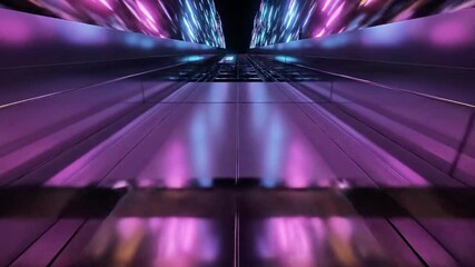 A futuristic tunnel with vibrant purple, blue, and orange lights reflecting off metallic surfaces, leading to a bright illuminated center with a glowing blue number - Powered by Adobe