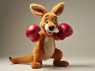 Kangaroo toy wearing red boxing gloves posing