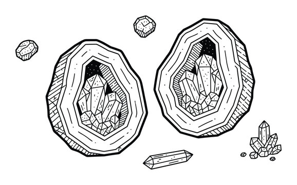 Linear drawing of natural agate slice geode stones for jewelry and decoration design concept