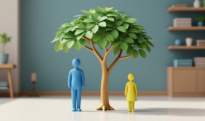 Blue and yellow figures stand beside a tree in minimalist room, shelves behind.