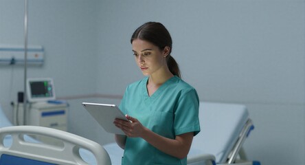 Nurse in teal scrubs reviews patient data on tablet beside hospital bed.