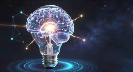 Brain inside light bulb, glowing circuits, futuristic neural network on dark cosmic background.