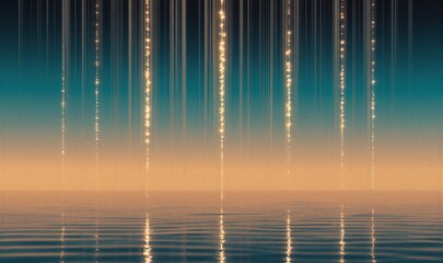 Celestial rain falls gently over tranquil ocean, blending dusk hues and glowing particles.