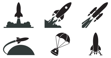 Collection of rocket and spaceship icons representing space exploration and travel. © Riki
