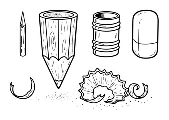 Pencil sharpener and shavings drawing for education or art vector illustration