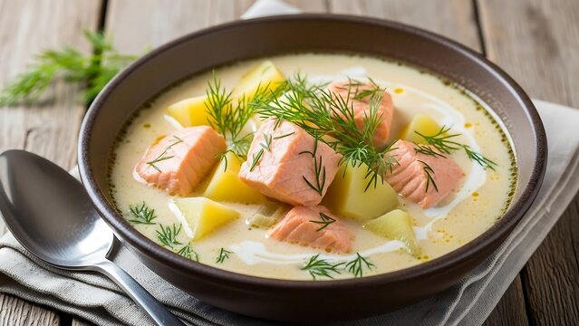 Creamy Salmon Chowder with Fresh Dill Garnish.