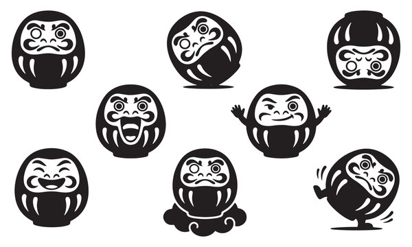 Collection of black and white Daruma doll illustrations with various facial expressions and poses.