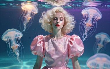 Underwater queen in pink gown, surrounded by glowing jellyfish and soft sunlight rays.