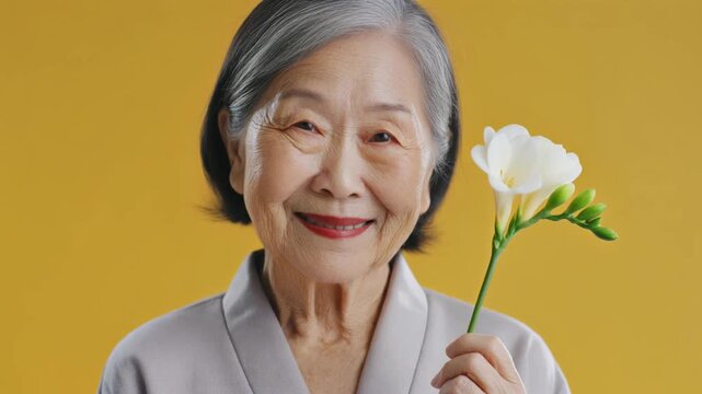 静かな希望を宿すフリージアを持つ高齢女性のポートレート