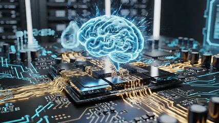 A mesmerizing holographic blue brain emerges from a sophisticated computer motherboard symbolizing the cuttingedge fusion of artificial intelligence and advanced digital technology representing innov. - Powered by Adobe
