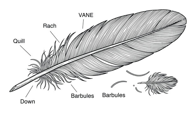 Sketch of feather with vanes, rachis, quill, barbules, and down for education design concept