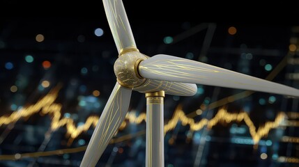 Wind Turbine Model with Gold Accents Against Financial Graph Background