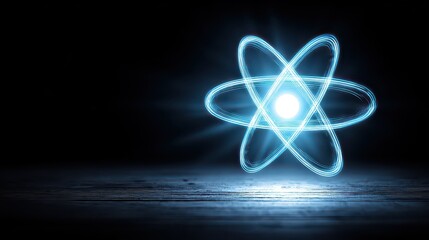 Glowing Blue Atom Model on Dark Textured Surface with Bright Illumination, Scientific Concept