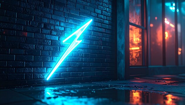 Vibrant blue neon lightning bolt sign illuminating a dark, wet brick wall in a mysterious urban alleyway at night, reflecting on the puddle-strewn ground with a warm, distant light