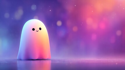 Cute. smiling ghost character with soft. glowing. pastel colors and a bokeh background. 3D render