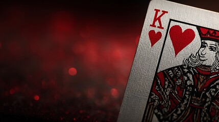 Close up of King of Hearts playing card with red bokeh background. abstract gambling theme. dramat