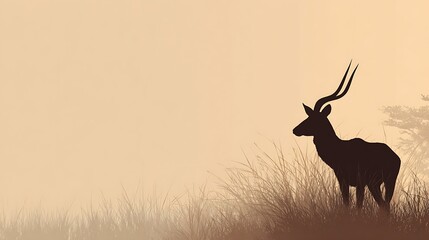 Silhouette of an antelope with large horns standing in dry grass against a hazy. warm background