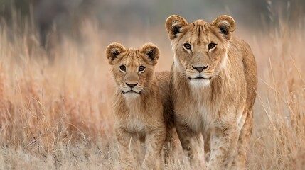 Two lion cubs standing together in dry grass. close up portrait. savannah wildlife. natural backgr