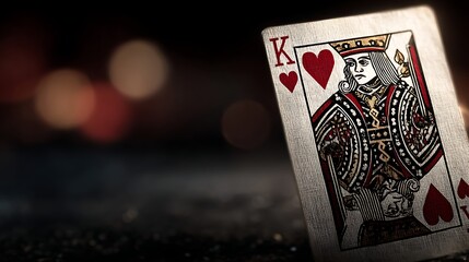 Close up of King of Hearts playing card with detailed regal illustration on dark bokeh background