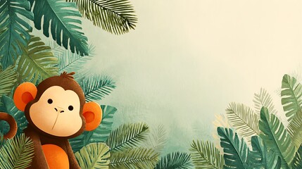 Cute cartoon monkey peeking through lush green tropical leaves. jungle foliage framing. light back