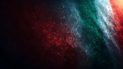 Abstract red and green nebula dust cloud with bright particles. cinematic bokeh. dynamic space bac