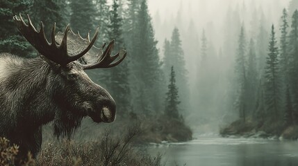 Majestic moose with large antlers in a foggy. misty forest by a calm river. moody atmosphere. wild