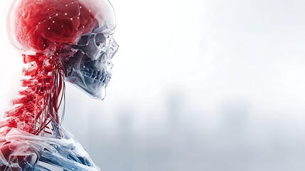 Transparent human skull and brain with red glowing synapses. representing neural network activity