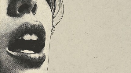 Close up illustration of a woman s open mouth and nose in a vintage pop art style on a textured ba