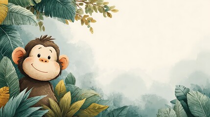 Charming cartoon monkey peeking from behind lush tropical foliage. watercolor style jungle scene